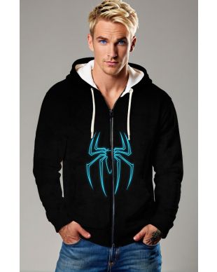 Neon Blue Spider Graphic Zip‑Up Hoodie – Sleek Black Design