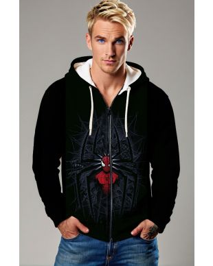 Black Zip‑Up Hoodie with Red Spider‑Web Design – Urban Hero Vibe