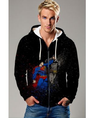 Black Superman vs Batman Battle Graphic Zip‑Up Hoodie