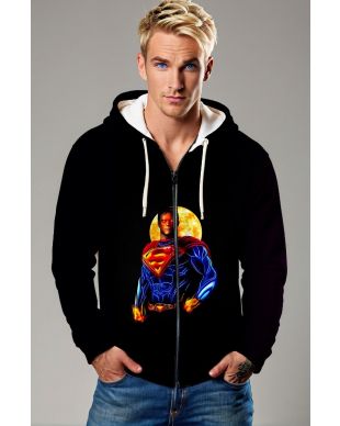 Black Fiery Superman Graphic Zip‑Up Hoodie