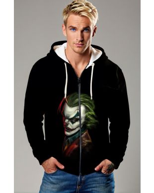 Black Joker Portrait Zip‑Up Hoodie