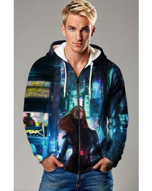 Deep Blue Cyberpunk Black Widow Zip-Up Hoodie