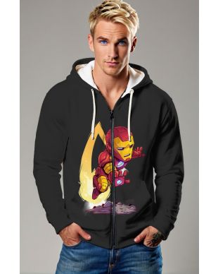 Jet Black Zip-Up Hoodie – Flying Iron Man Chibi Glow Print