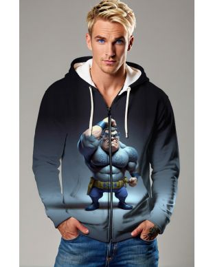 Navy Zip Hoodie – Flexing Cartoon Superhero in Blue Gradient
