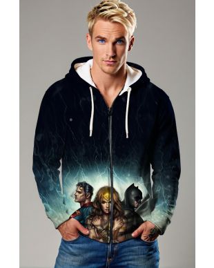 Black-Blue Zip Hoodie – Storm Scene with Wonder Woman, Batman & Superman