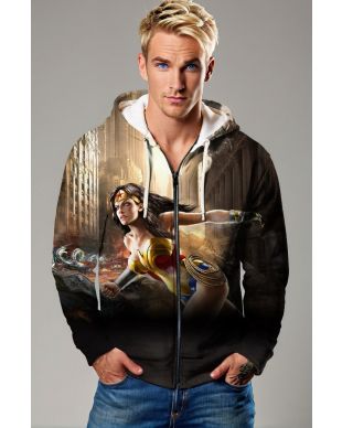 Golden-Red-Blue Zip Hoodie – Action Goddess in Apocalyptic City Scene