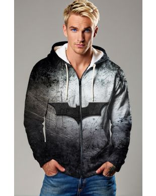 Black & Gray Zip Hoodie – Distressed Bat Symbol Aesthetic