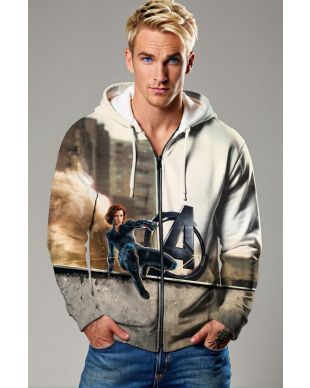 Grey-White Zip Hoodie with Black Widow Graphic – Tactical Urban Design