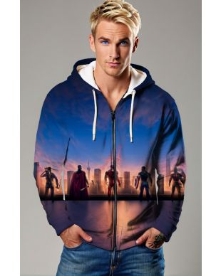 Dark Blue Avengers Sunset Skyline Graphic Zip‑Up Hoodie