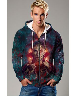 Shattered Spell Zip-Up Hoodie – Deep Green & Red Full-Zip Sorcerer Jacket