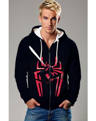 Web Noir Zip Hoodie – Black Zip-Up with Red Spider Emblem & Hero Pose