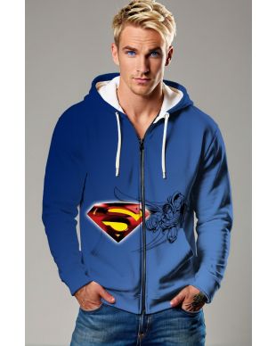 S-Force Zip Hoodie – Blue Full-Zip with Crest and Flying Superman Sketch
