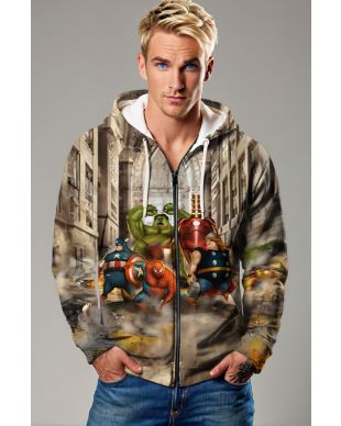 Big Squad Zip Hoodie – Light Brown Chibi Hero Zip-Up Jacket