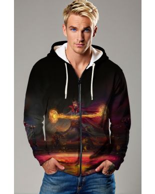 Arcane Realms Zip Hoodie – Deep Crimson & Shadow Black Zip-Up for Men