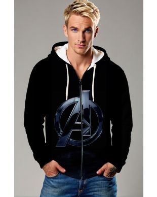 Marvel Avengers Inspired Men’s Black Minimal Logo Zip Up Hoodie
