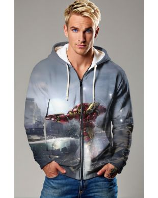 Marvel Avengers Inspired Men’s Red and Gold Hulkbuster Battle Scene Zip Up Hoodie