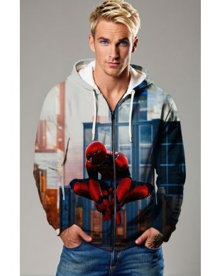 Spider-Man City Skyline Gray & Red Marvel Design Full-Zip Hoodie