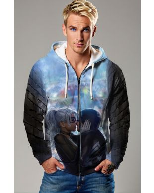 Spider-Man and Black Cat Rain Kiss Blue & Black Marvel Design Full-Zip Hoodie