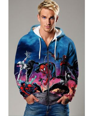 Spider-Man Into the Spider-Verse Team Battle Skyline Marvel Design Full-Zip Hoodie