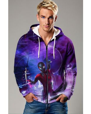 Miles Morales Into the Spider-Verse Neon Skyline Purple Marvel Design Full-Zip Hoodie
