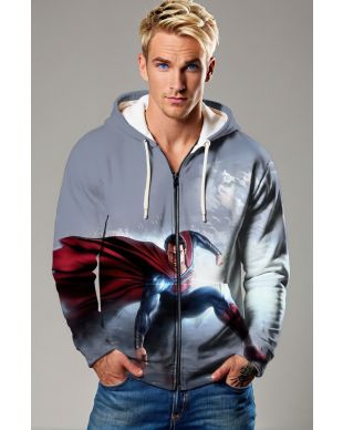 Skybound Valor – Light Grey Superman Zip-Up Hoodie