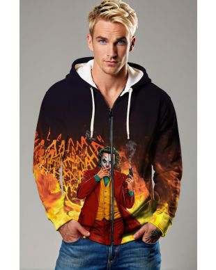 Joker Laughing Inferno Zip-Up Hoodie – Red Suit Graffiti Fire Jacket