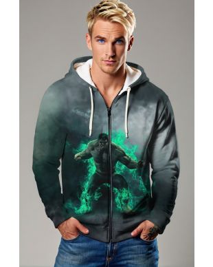Hulk Gamma Surge Zip Hoodie – Dark Grey & Neon Green Explosion Jacket