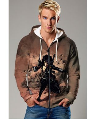 Domino (Neena Thurman) Zip-Up Hoodie - Bold Brown & Black Hero Design