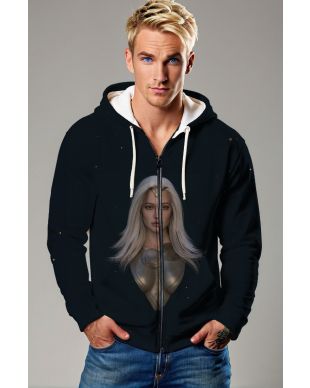 The Thena Zip-Up Hoodie in beige offers a practical design with a bold image of Thena in her