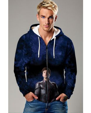 The Druig Zip-Up Hoodie in deep blue features a powerful print of Druig from the Eternals series.