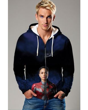 The Makkari Zip-Up Hoodie combines style, speed, and versatility, showcasing Makkari in her superhero suit.